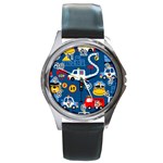 Seamless-pattern-vector-rescue-team-cartoon Round Metal Watch Front