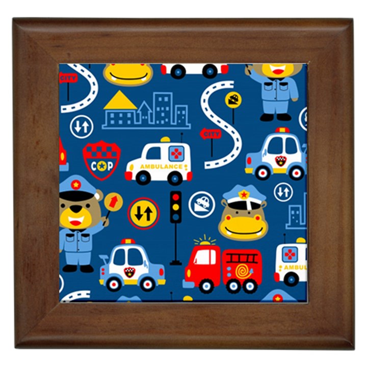 Seamless-pattern-vector-rescue-team-cartoon Framed Tile