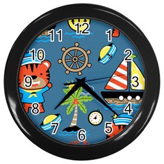 Seamless-pattern-with-sailing-cartoon Wall Clock (black) by Jancukart