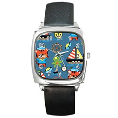 Seamless-pattern-with-sailing-cartoon Square Metal Watch by Jancukart