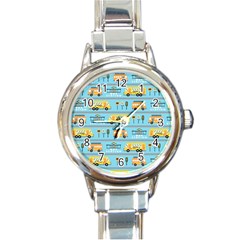 Buses-cartoon-pattern-vector Round Italian Charm Watch