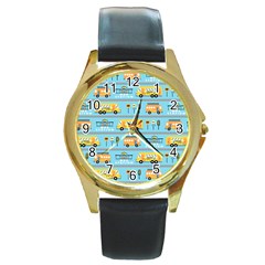 Buses-cartoon-pattern-vector Round Gold Metal Watch