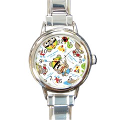 Vector-seamless-pattern-cute-fishing-animals-cartoon Round Italian Charm Watch by Jancukart