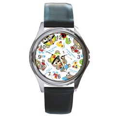 Vector-seamless-pattern-cute-fishing-animals-cartoon Round Metal Watch by Jancukart