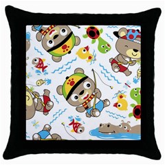 Vector-seamless-pattern-cute-fishing-animals-cartoon Throw Pillow Case (black)