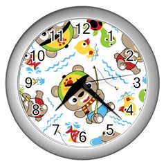 Vector-seamless-pattern-cute-fishing-animals-cartoon Wall Clock (silver) by Jancukart