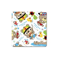 Vector-seamless-pattern-cute-fishing-animals-cartoon Square Magnet