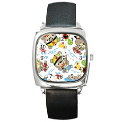 Vector-seamless-pattern-cute-fishing-animals-cartoon Square Metal Watch