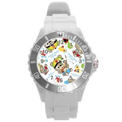 Vector-seamless-pattern-cute-fishing-animals-cartoon Round Plastic Sport Watch (l)