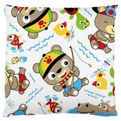 Vector-seamless-pattern-cute-fishing-animals-cartoon Large Cushion Case (one Side) by Jancukart