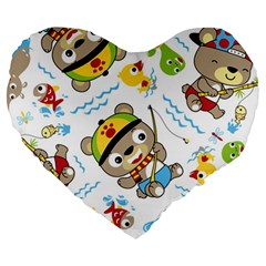 Vector-seamless-pattern-cute-fishing-animals-cartoon Large 19  Premium Heart Shape Cushions