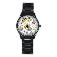 Vector-seamless-pattern-cute-fishing-animals-cartoon Stainless Steel Round Watch by Jancukart