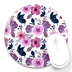 Purple-flower-butterfly-with-watercolor-seamless-pattern Round Mousepads