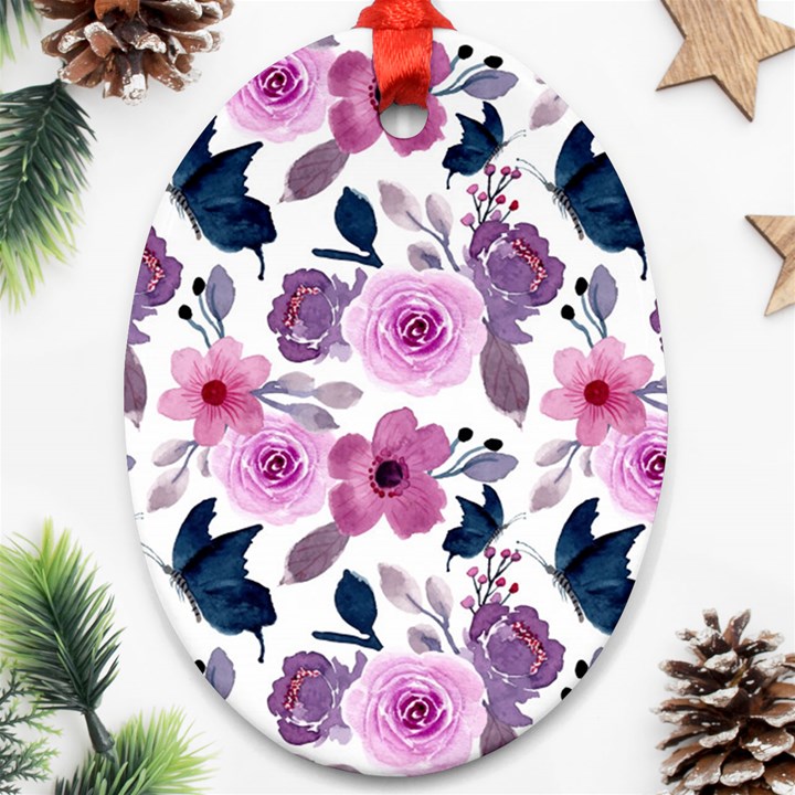 Purple-flower-butterfly-with-watercolor-seamless-pattern Ornament (Oval)