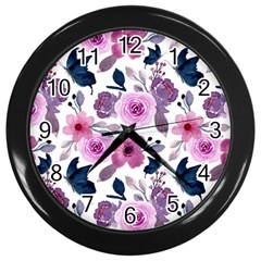 Purple-flower-butterfly-with-watercolor-seamless-pattern Wall Clock (black)