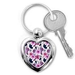 Purple-flower-butterfly-with-watercolor-seamless-pattern Key Chain (heart)