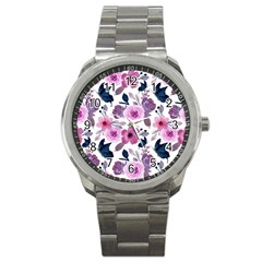 Purple-flower-butterfly-with-watercolor-seamless-pattern Sport Metal Watch by Jancukart