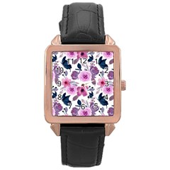 Purple-flower-butterfly-with-watercolor-seamless-pattern Rose Gold Leather Watch 