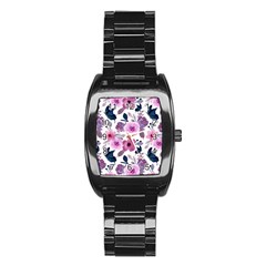 Purple-flower-butterfly-with-watercolor-seamless-pattern Stainless Steel Barrel Watch by Jancukart