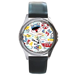 Seamless-pattern-vector-sailing-equipments-cartoon Round Metal Watch by Jancukart