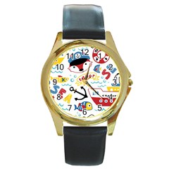 Seamless-pattern-vector-sailing-equipments-cartoon Round Gold Metal Watch