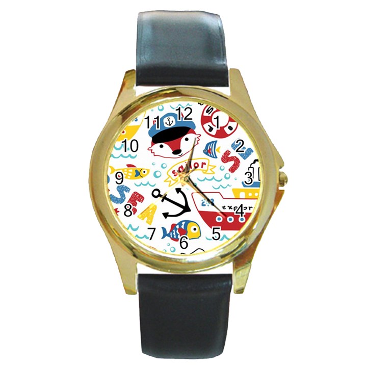 Seamless-pattern-vector-sailing-equipments-cartoon Round Gold Metal Watch