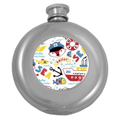 Seamless-pattern-vector-sailing-equipments-cartoon Round Hip Flask (5 Oz) by Jancukart