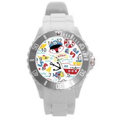 Seamless-pattern-vector-sailing-equipments-cartoon Round Plastic Sport Watch (l)