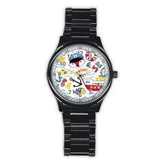 Seamless-pattern-vector-sailing-equipments-cartoon Stainless Steel Round Watch