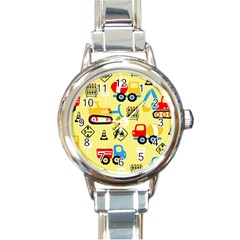 Seamless-pattern-vector-industrial-vehicle-cartoon Round Italian Charm Watch by Jancukart