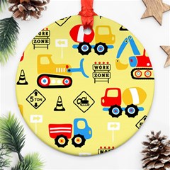 Seamless-pattern-vector-industrial-vehicle-cartoon Ornament (round) by Jancukart