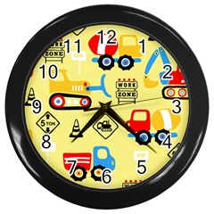 Seamless-pattern-vector-industrial-vehicle-cartoon Wall Clock (black)