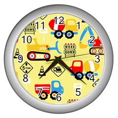 Seamless-pattern-vector-industrial-vehicle-cartoon Wall Clock (silver) by Jancukart