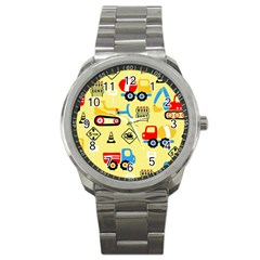 Seamless-pattern-vector-industrial-vehicle-cartoon Sport Metal Watch