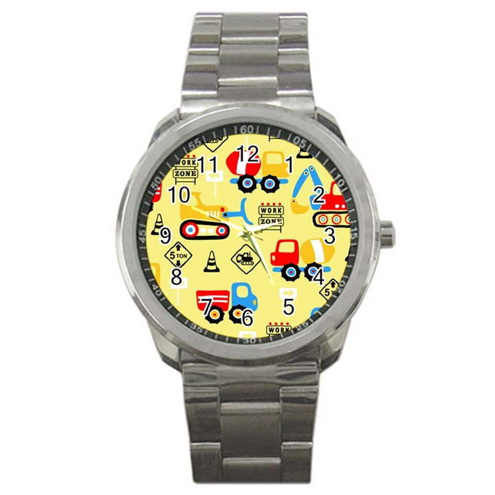 Seamless-pattern-vector-industrial-vehicle-cartoon Sport Metal Watch