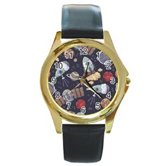 Hand-drawn-pattern-space-elements-collection Round Gold Metal Watch