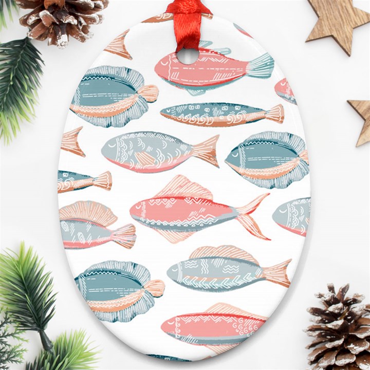 Hand-drawn-seamless-pattern-with-cute-fishes-doodle-style-pink-blue-colors Ornament (Oval)