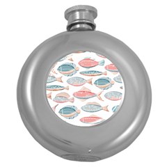 Hand-drawn-seamless-pattern-with-cute-fishes-doodle-style-pink-blue-colors Round Hip Flask (5 Oz)