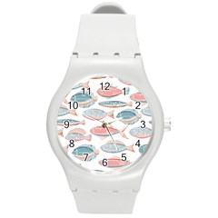 Hand-drawn-seamless-pattern-with-cute-fishes-doodle-style-pink-blue-colors Round Plastic Sport Watch (m) by Jancukart