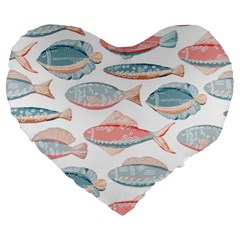 Hand-drawn-seamless-pattern-with-cute-fishes-doodle-style-pink-blue-colors Large 19  Premium Heart Shape Cushions