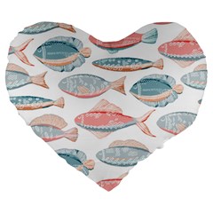 Hand-drawn-seamless-pattern-with-cute-fishes-doodle-style-pink-blue-colors Large 19  Premium Flano Heart Shape Cushions