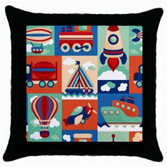 Toy-transport-cartoon-seamless-pattern-with-airplane-aerostat-sail-yacht-vector-illustration Throw Pillow Case (black) by Jancukart