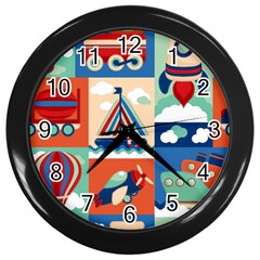 Toy-transport-cartoon-seamless-pattern-with-airplane-aerostat-sail-yacht-vector-illustration Wall Clock (black) by Jancukart