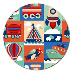 Toy-transport-cartoon-seamless-pattern-with-airplane-aerostat-sail-yacht-vector-illustration Magnet 5  (round) by Jancukart