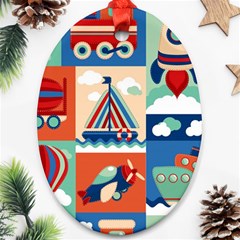 Toy-transport-cartoon-seamless-pattern-with-airplane-aerostat-sail-yacht-vector-illustration Oval Ornament (two Sides) by Jancukart