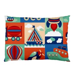 Toy-transport-cartoon-seamless-pattern-with-airplane-aerostat-sail-yacht-vector-illustration Pillow Case by Jancukart