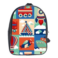 Toy-transport-cartoon-seamless-pattern-with-airplane-aerostat-sail-yacht-vector-illustration School Bag (large) by Jancukart