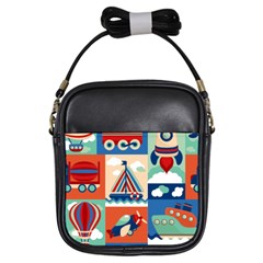 Toy-transport-cartoon-seamless-pattern-with-airplane-aerostat-sail-yacht-vector-illustration Girls Sling Bag by Jancukart