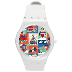 Toy-transport-cartoon-seamless-pattern-with-airplane-aerostat-sail-yacht-vector-illustration Round Plastic Sport Watch (m) by Jancukart