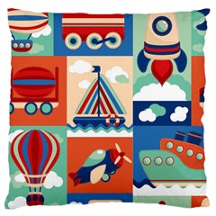 Toy-transport-cartoon-seamless-pattern-with-airplane-aerostat-sail-yacht-vector-illustration Large Cushion Case (one Side) by Jancukart